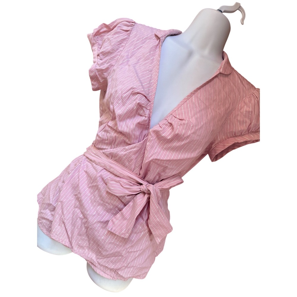 Y2K 2000s style Office Siren Express Pink Pinstripe Wrap Top Blouse